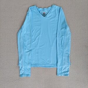 Danskin Long Sleeve  Womens L Blue Activewear V-Neck Mesh Panels Workout Shirt